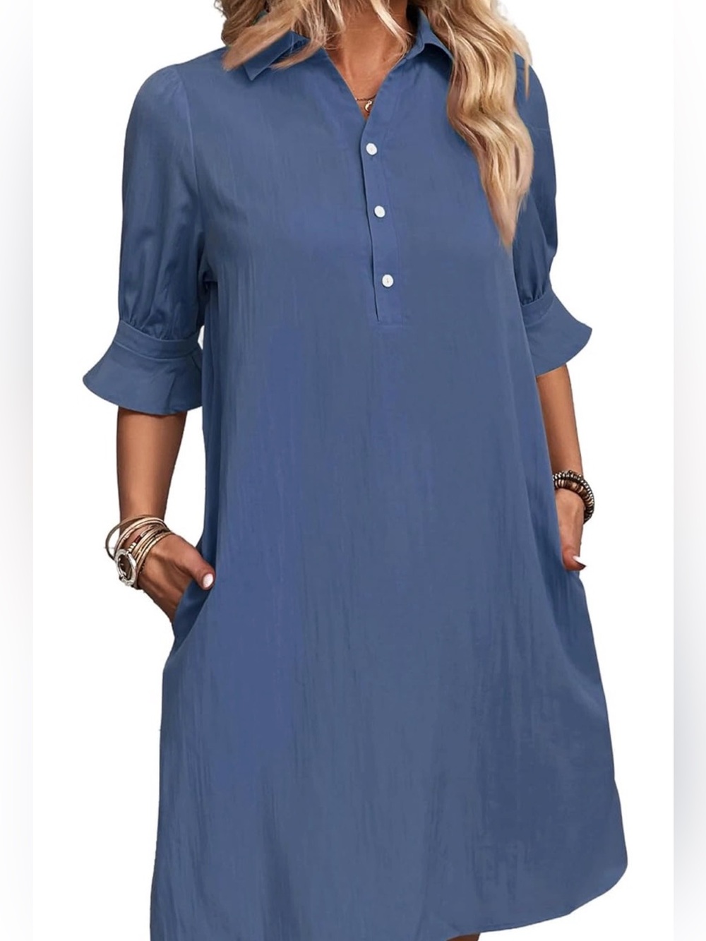 Blue Collared Shirt Dress - Casual Women's Dress